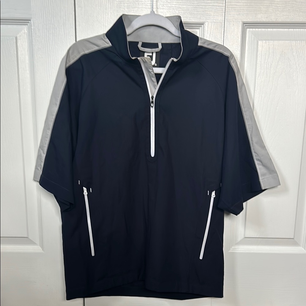 Men's Navy and Gray Half-Zip FootJoy Short Sleeve Windbreaker.